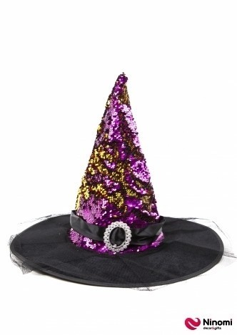 Шляпа ведьмы с золотисто-сиреневыми пайетками - Фото