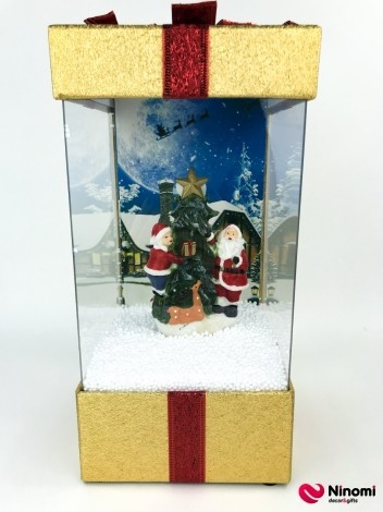 Фонарь со снегом "Подарочек" золотой - Фото