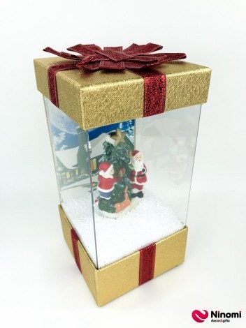 Фонарь со снегом "Подарочек" золотой - Фото