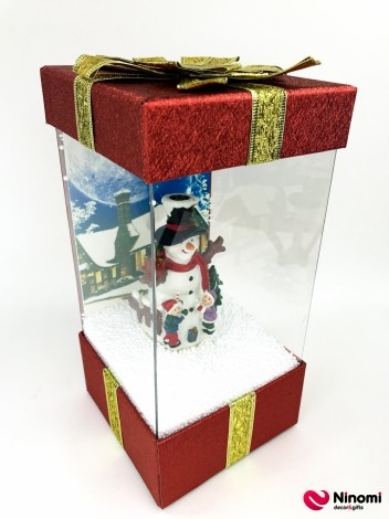 Фонарь со снегом "Подарочек" красный - Фото