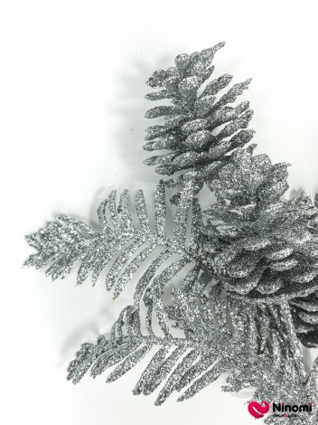 Новогодний декор "Веточка с шишками" серебро - Фото