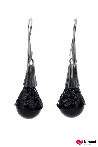 Серьги свисающие "Silver collection" с черными каплями - Фото