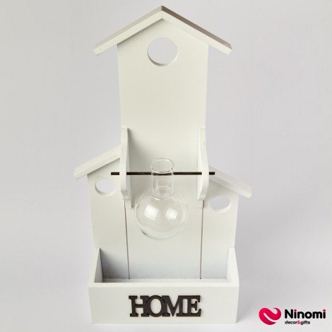 Деревянный вазон в форме дома со стеклянной бутылкой "Home" - Фото