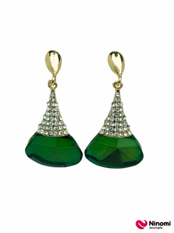 Сережки "Конус" зі стразами і зеленими кристалами - Фото