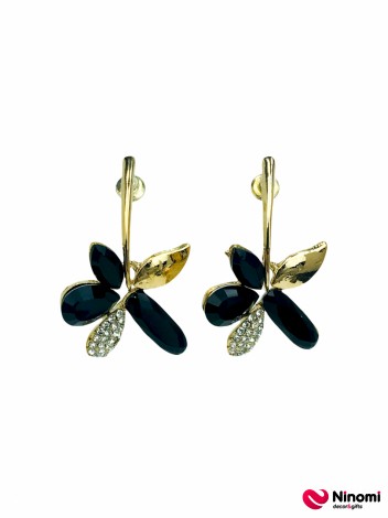 Серьги-гвоздик свисающие "Абстрактный цветок" с черными кристаллами - Фото