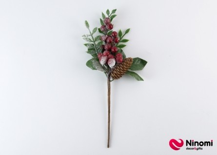 Декор Веточка с заснеженными ягодами и шишкой - Фото