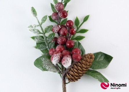 Декор Веточка с заснеженными ягодами и шишкой - Фото